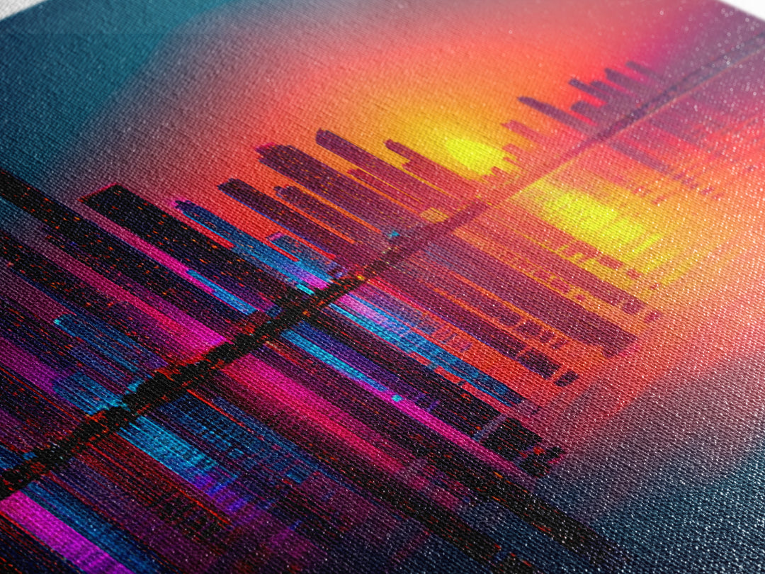 Neon City Skyline Sunset Wall Art, Modern Urban Landscape With Water Reflections, Colorful Office Decor, Large Canvas Print