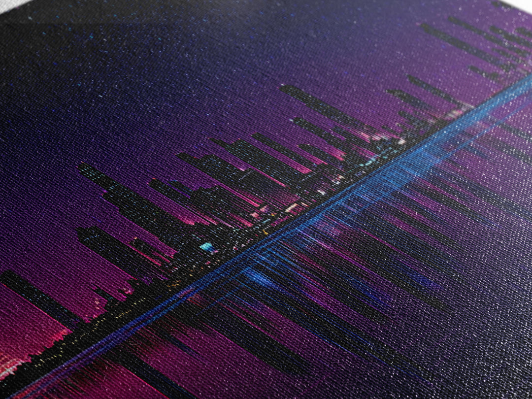 Purple Starry City Skyline Reflection, Modern Wall Art, Cyberpunk Canvas Print, Urban Night Decor, Office Wall Decor, Living Room Art