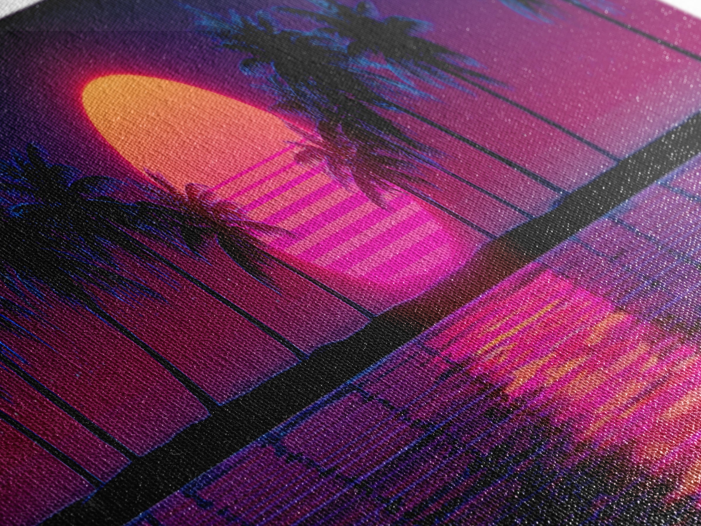 Neon Palm Tree Sunset Canvas Print, Tropical Beach Wall Art, Retro Coastal Decor, Pink Purple Living Room Art, Home Decor