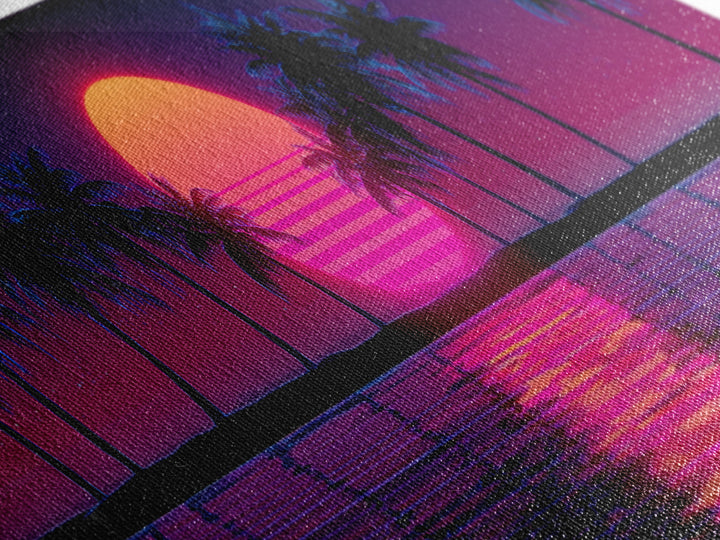 Neon Palm Tree Sunset Canvas Print, Tropical Beach Wall Art, Retro Coastal Decor, Pink Purple Living Room Art, Home Decor