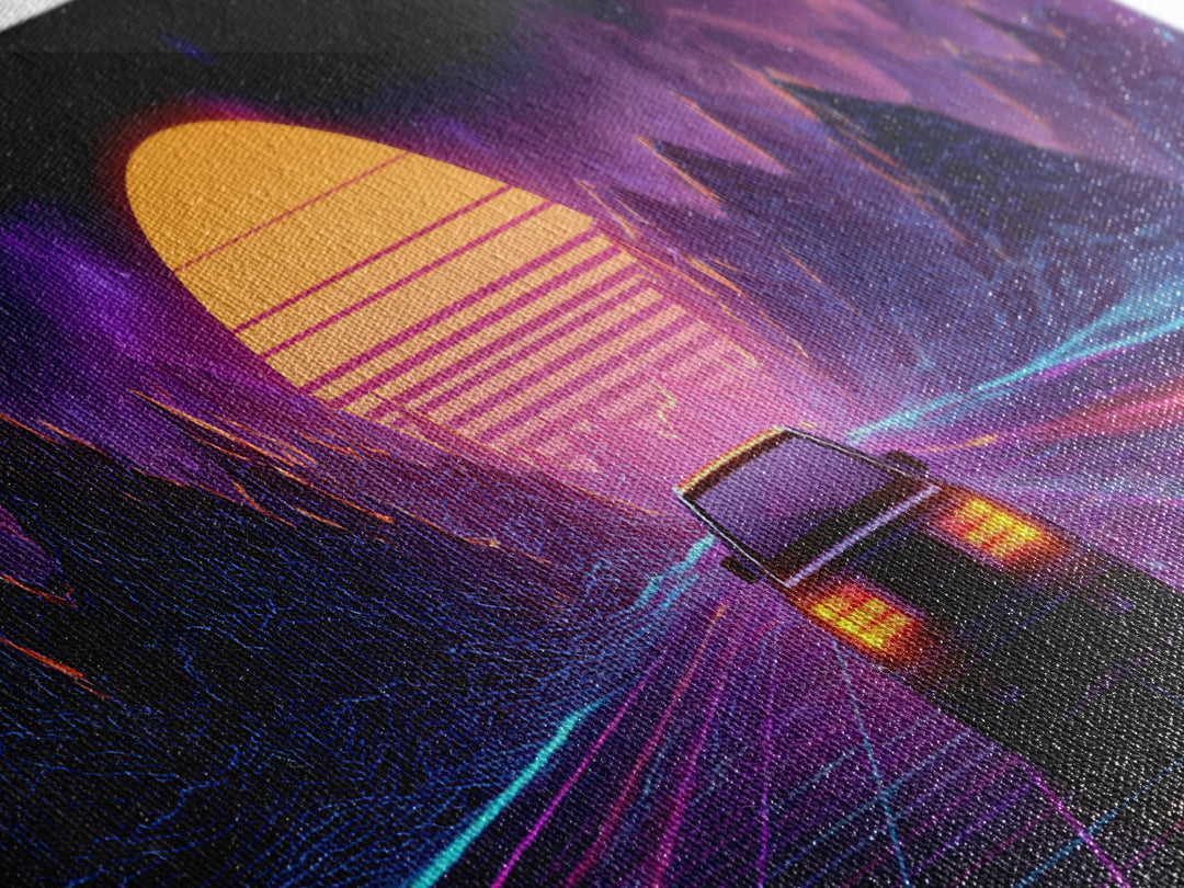 Neon Synthwave Car Wall Art, Retro Futuristic Mountains, Cyberpunk Sunset Decor, Gaming Room Poster, Panoramic Canvas Print
