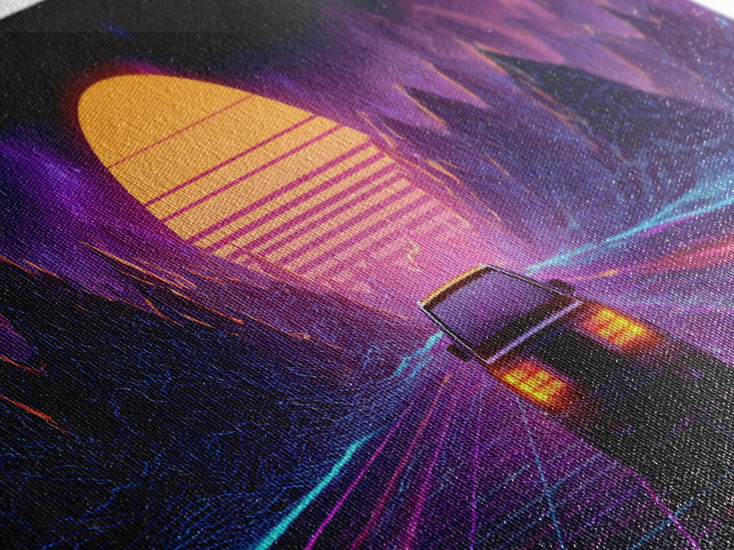 Neon Synthwave Car Wall Art, Retro Futuristic Mountains, Cyberpunk Sunset Decor, Gaming Room Poster, Panoramic Canvas Print