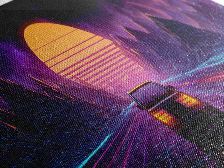 Neon Synthwave Car Wall Art, Retro Futuristic Mountains, Cyberpunk Sunset Decor, Gaming Room Poster, Panoramic Canvas Print