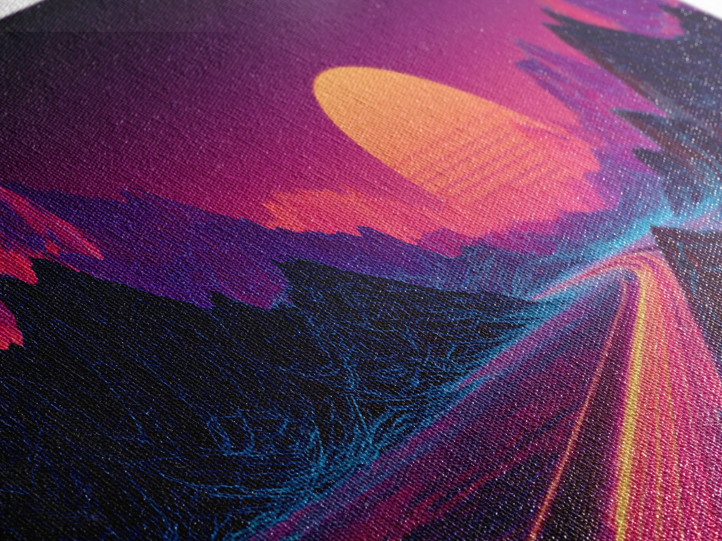 Neon Highway Through Purple Mountains Framed Canvas Print, Synthwave Wall Art, Retro Futuristic Decor, Gaming Room Poster