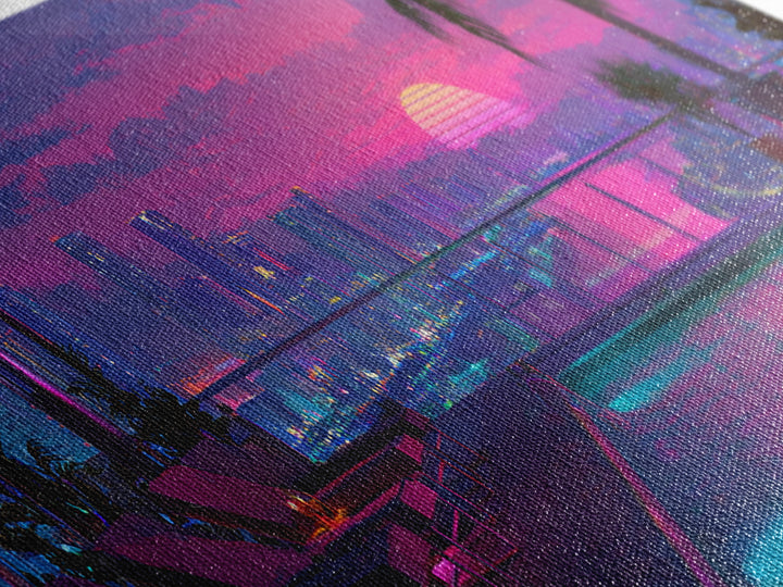 Neon Rooftop Pool At Sunset Framed Canvas Print, Cyberpunk City Wall Art, Tropical Miami Decor, Vaporwave Living Room Art