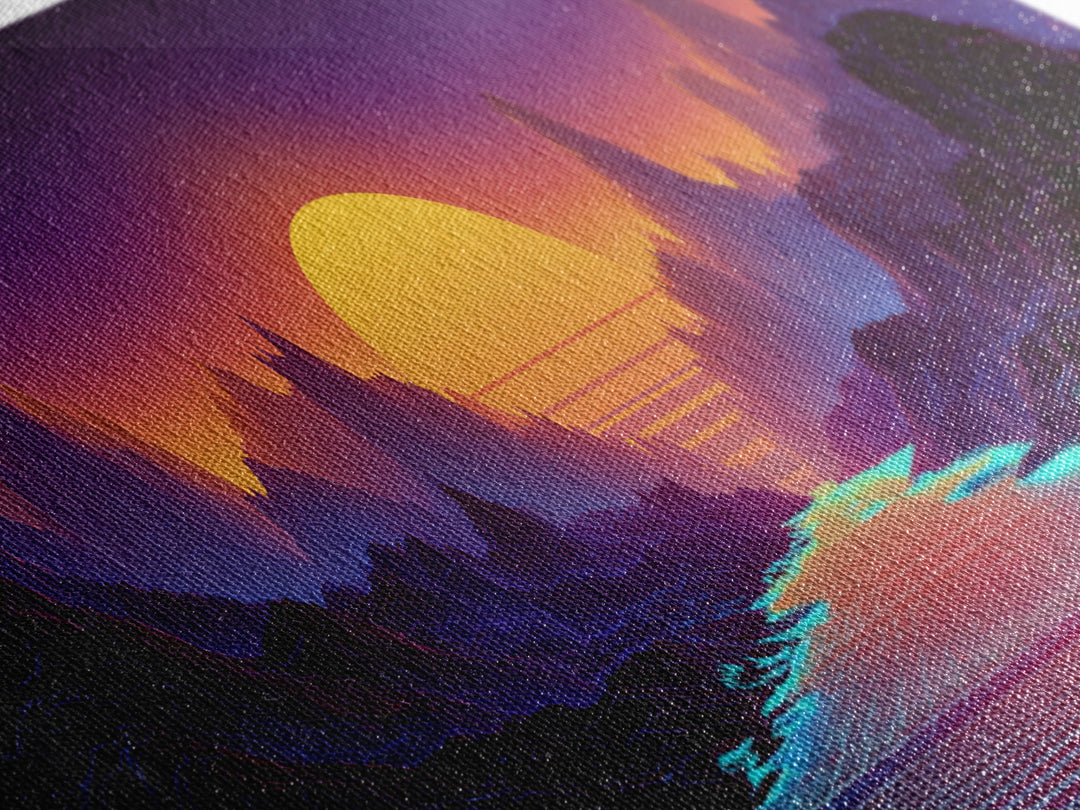 Neon Fantasy Mountain Valley Wall Art, Synthwave Landscape Canvas Print, Futuristic Decor, Gaming Room, Large Poster, Home Decor