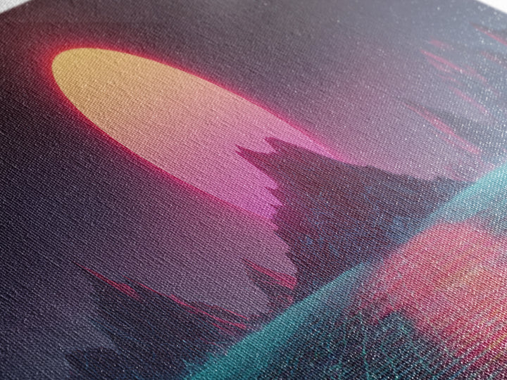 Alien Mountain Grid Sunset Wall Art, Retro Futuristic Synthwave Landscape, Vaporwave Home Decor, Large Horizontal Art Print