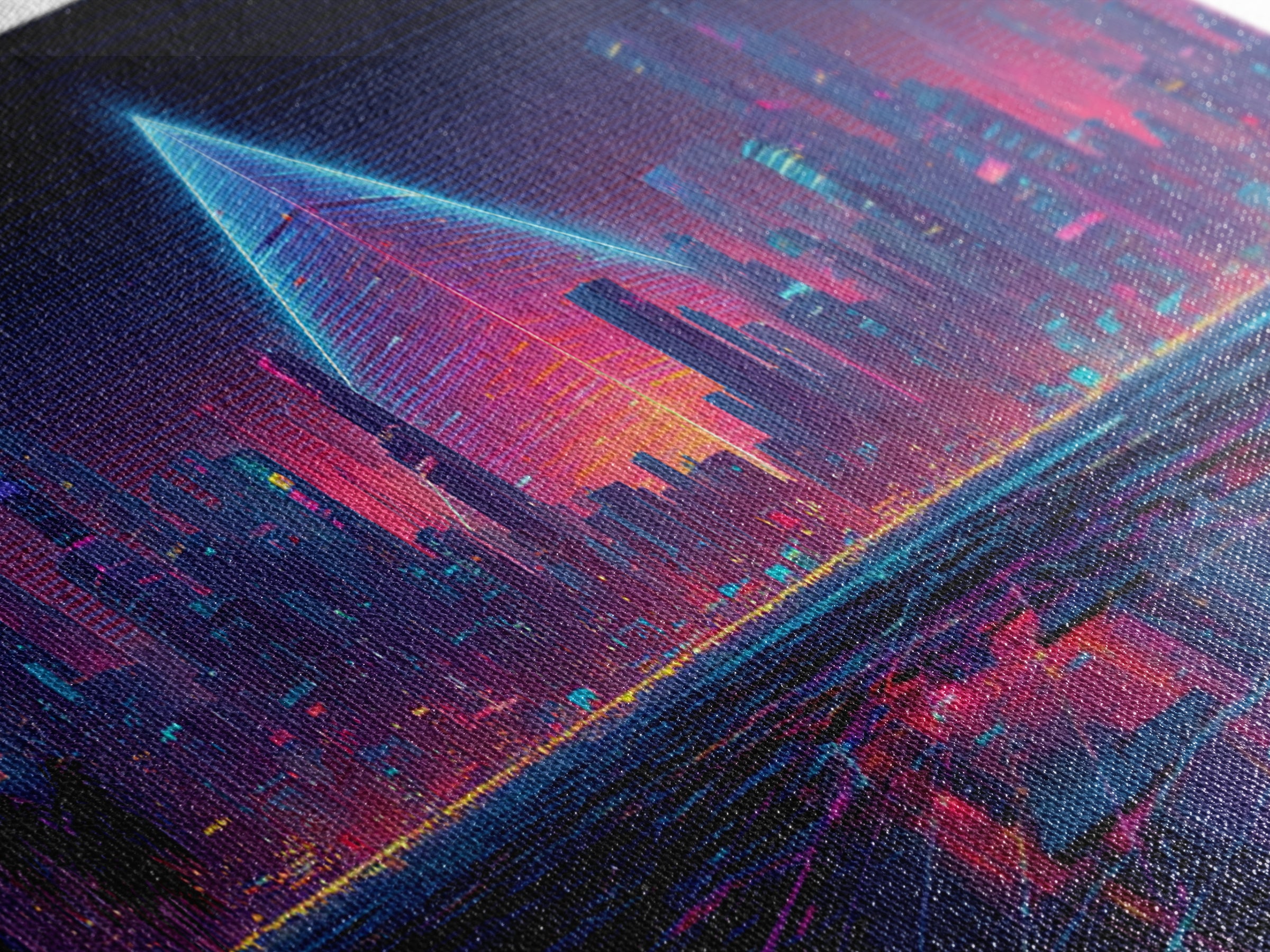 Cyberpunk Neon City With Glowing Pyramid, Futuristic Wall Art, Synthwave Canvas Print, Gaming Room Decor, Modern Office Art