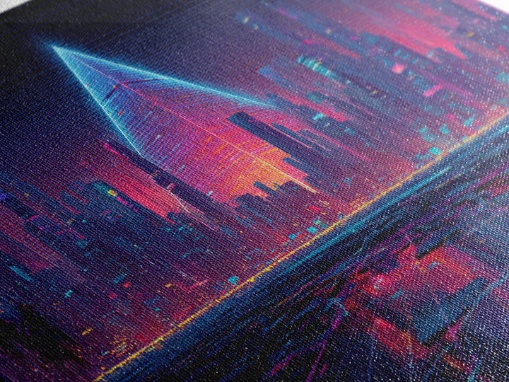 Cyberpunk Neon City With Glowing Pyramid, Futuristic Wall Art, Synthwave Canvas Print, Gaming Room Decor, Modern Office Art