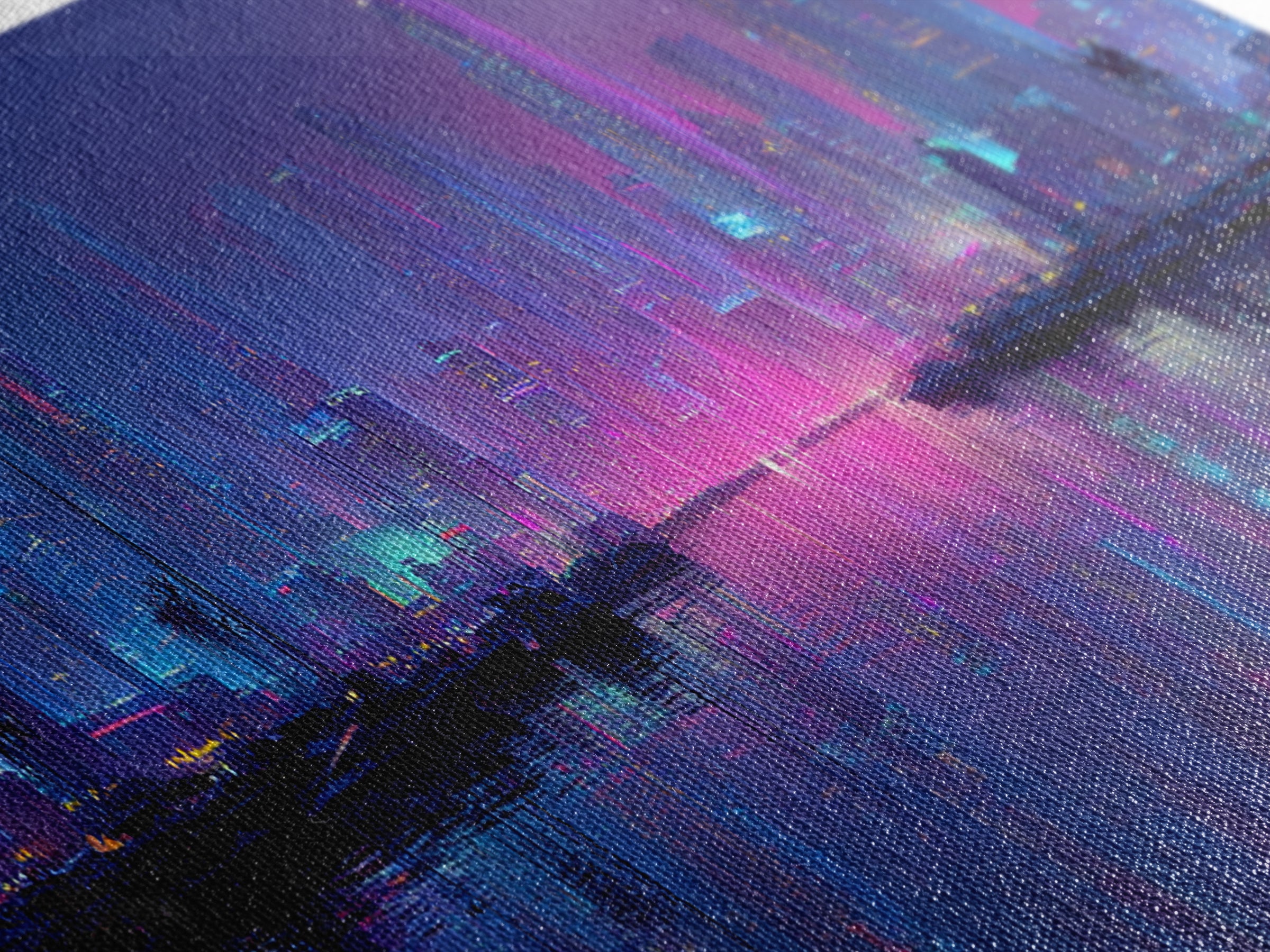 Neon Cyberpunk Skyline Canvas Print, Futuristic Cityscape Wall Art, Vaporwave Office Decor, Large Modern Urban Night Art