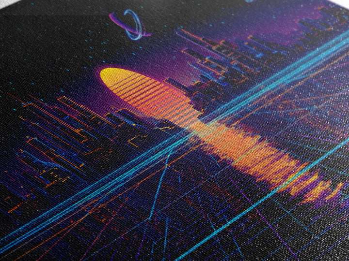 Synthwave City Skyline Over Neon Grid Canvas Print, Retro Futuristic Wall Art, Cyberpunk Decor, Vaporwave Poster Gift For Him