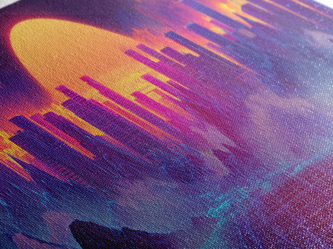 Synthwave City Sunset Skyline Canvas Print, Retro Futuristic Wall Art, Neon Mountain Decor, Vaporwave Living Room Art, Home Decor