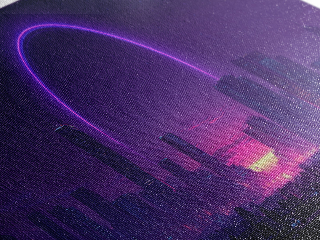 Neon City Skyline With Purple Eclipse Canvas Print, Cyberpunk Wall Art, Futuristic Urban Decor, Gaming Room Statement Art