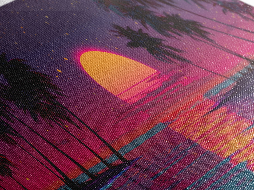 Retro Tropical Sunset Over Palm Island Wall Art, Neon Ocean Landscape, Coastal Decor, Beach House, Large Horizontal Print