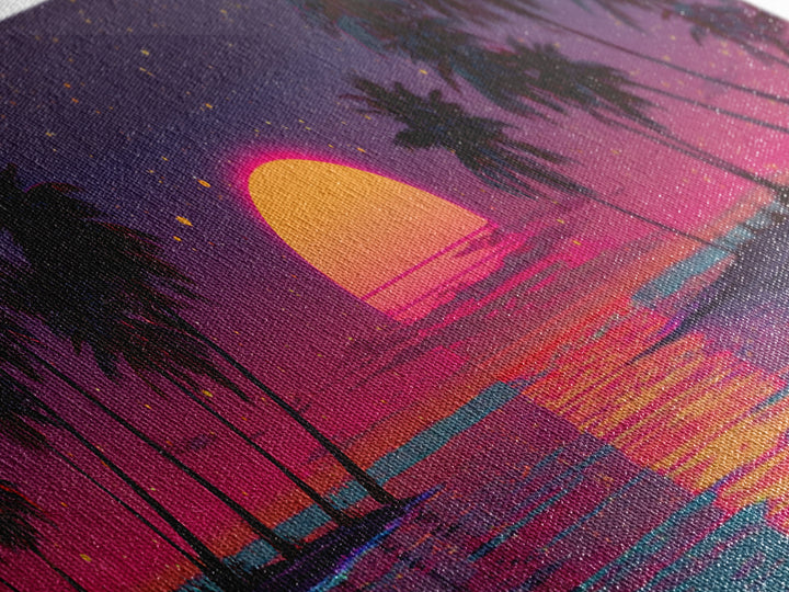 Retro Tropical Sunset Over Palm Island Wall Art, Neon Ocean Landscape, Coastal Decor, Beach House, Large Horizontal Print