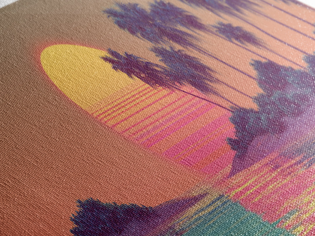 Tropical Palm Island Sunset Canvas Print, Retro Coastal Wall Art, Beach House Decor, Vaporwave Summer Landscape Art Print