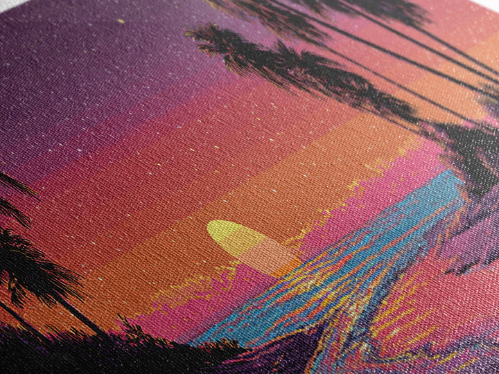 Tropical Pixel Sunset Beach With Palms, Retro Vaporwave Canvas Print, Coastal Wall Art, Beach House Decor, Gift For Her Print