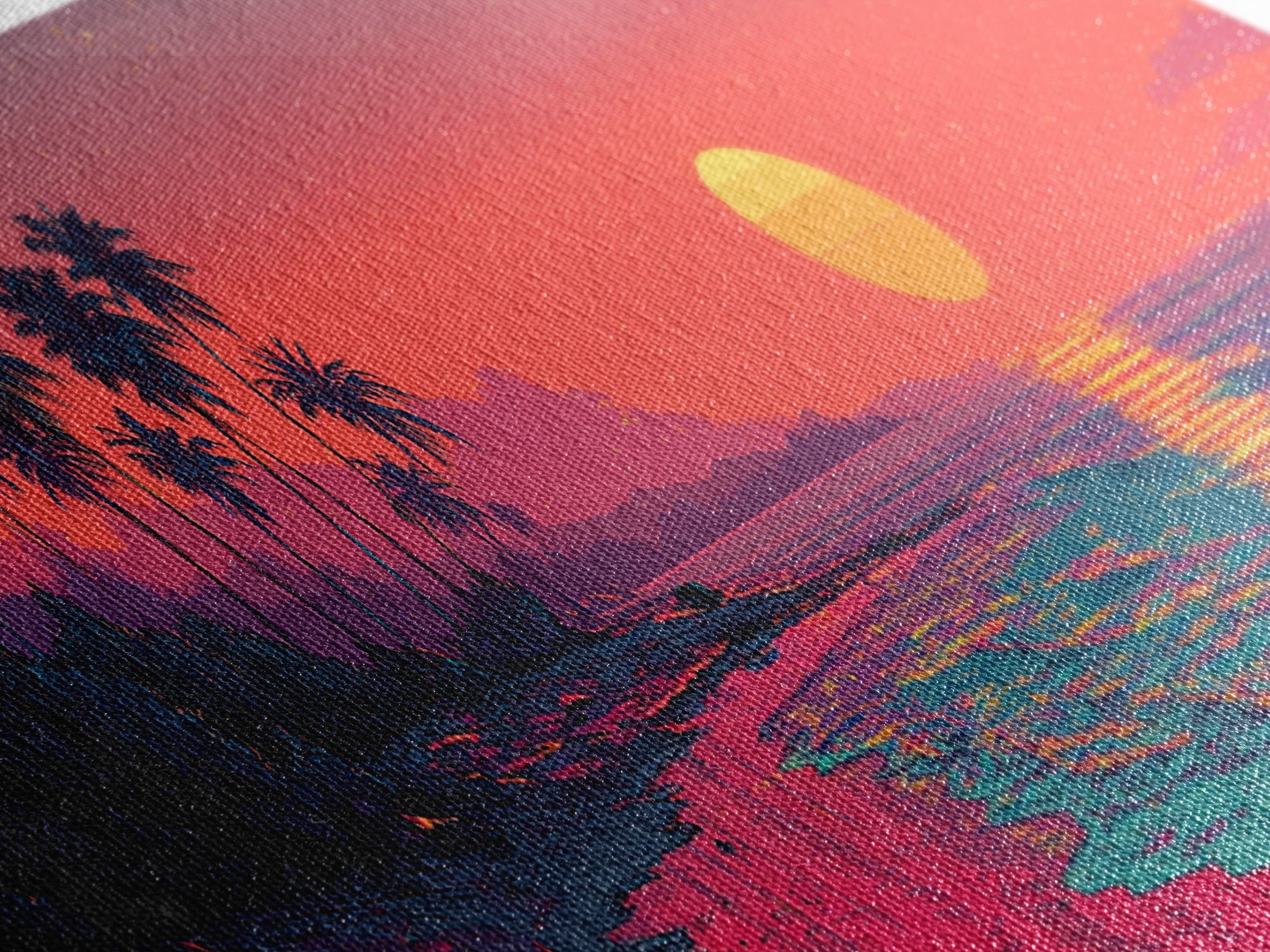Neon Tropical Beach Sunset With Palms Wall Art, Coastal Decor, Pink Ocean Landscape, Retro Panoramic Summer Canvas Print