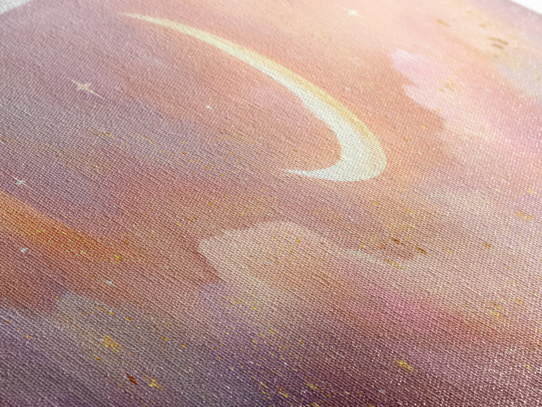 Peach Crescent Moon Over Pastel Clouds Framed Canvas Print, Celestial Wall Art, Soft Nursery Decor, Calming Bedroom Art Print