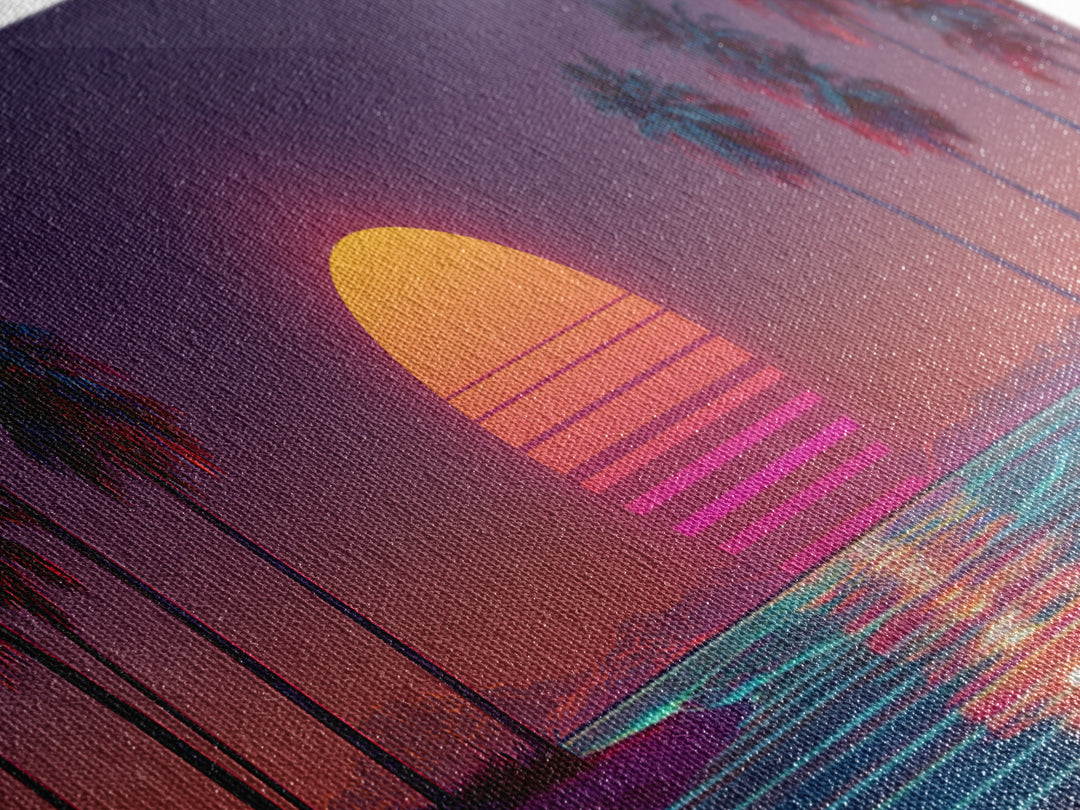 Retro Tropical Palm Sunset Wall Art, Vaporwave Beach Canvas Print, Neon Coastal Decor, 80s Aesthetic Room Decor, Gift For Him