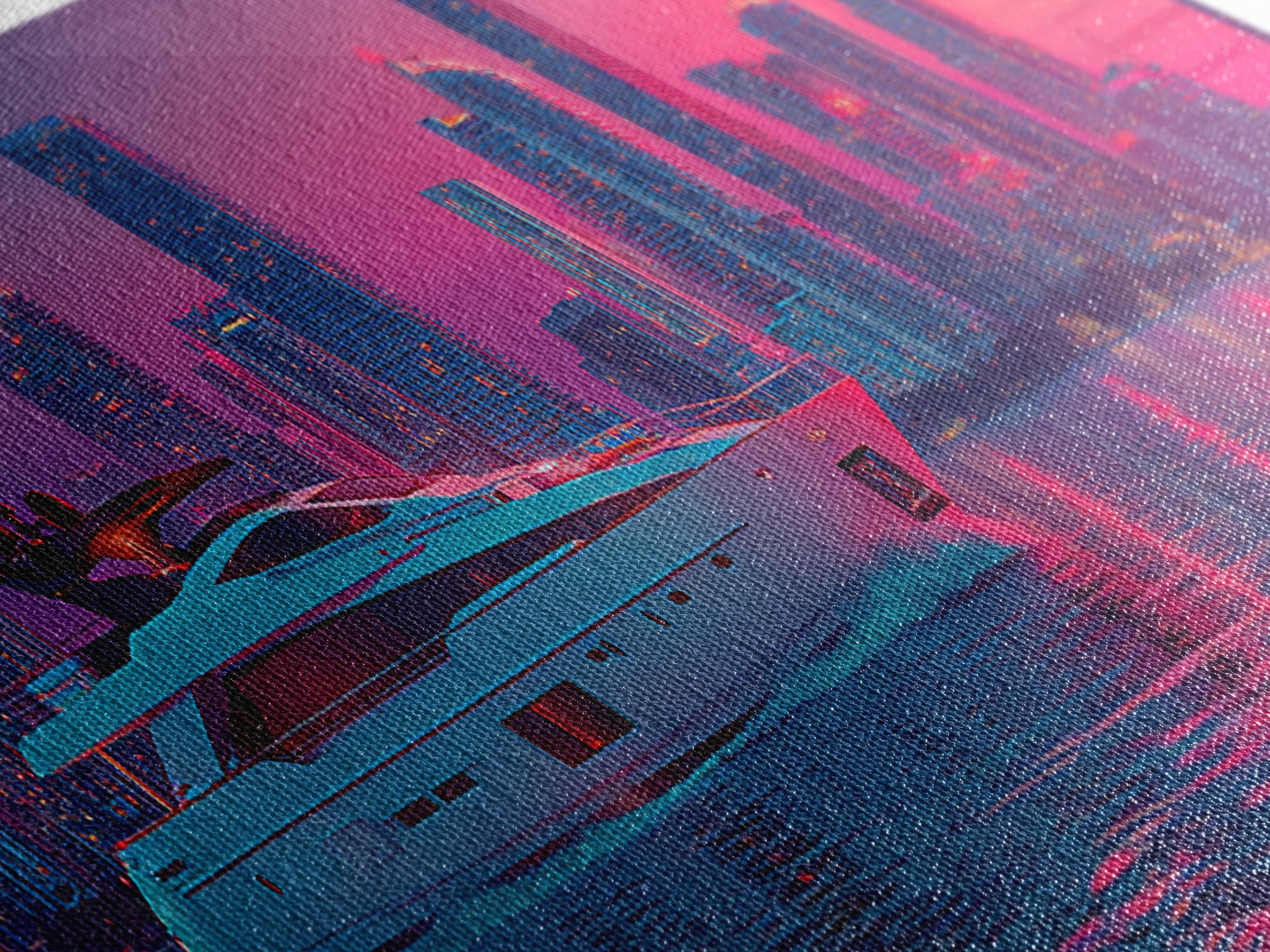 Neon Yacht And Miami Skyline Framed Canvas Print, Cyberpunk Coastal Wall Art, Vaporwave City Decor, Luxury Beach Poster Print