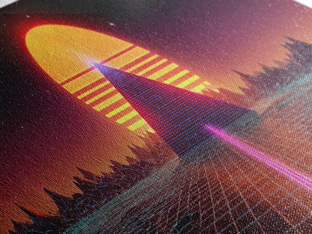 Neon Pyramid Sunset Grid Canvas Print, Retro Futuristic Wall Art, Synthwave Decor, Gaming Room Decor, Large Statement Artwork