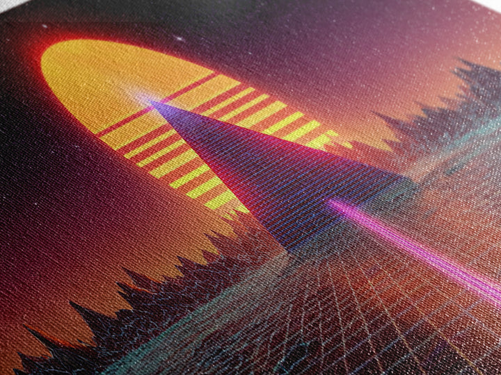 Neon Pyramid Sunset Grid Canvas Print, Retro Futuristic Wall Art, Synthwave Decor, Gaming Room Decor, Large Statement Artwork
