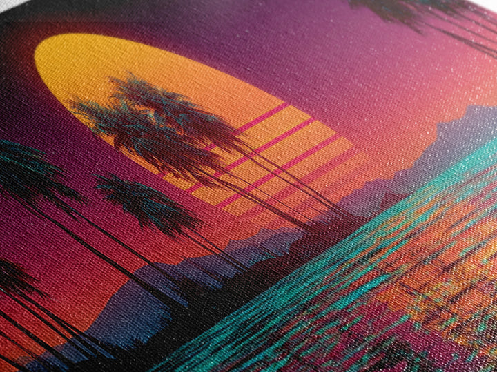 Neon Tropical Sunset Palms Over Ocean Canvas Print, Retro Futuristic Wall Art, Synthwave Beach Decor For Modern Living Room