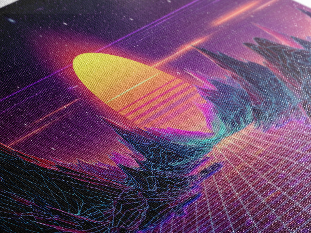 Retro Futuristic Mountain Grid Sunset Canvas Print, Synthwave Wall Art, Neon Vaporwave Decor For Game Room Or Dorm Room Decor