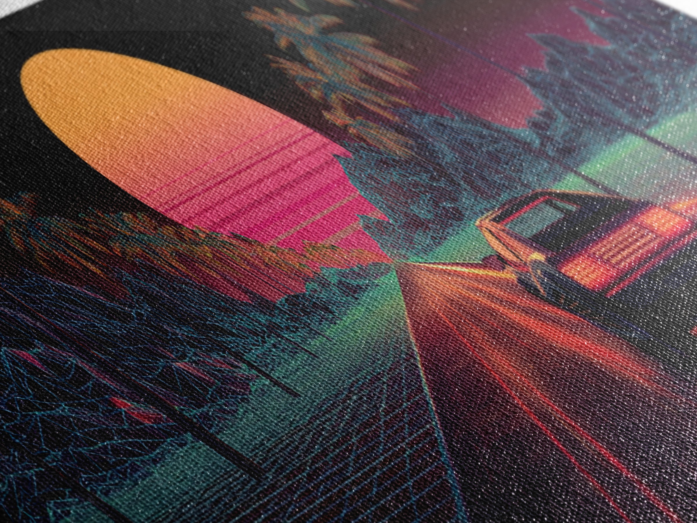 Retro Synthwave Car On Neon Palm Road Wall Art, 80s Vaporwave Canvas Print, Futuristic Cityscape Home Decor Poster For Living Room
