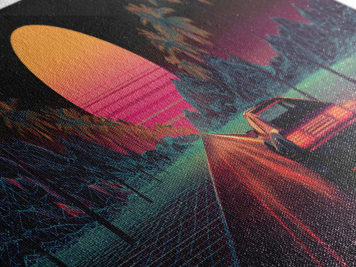 Retro Synthwave Car On Neon Palm Road Wall Art, 80s Vaporwave Canvas Print, Futuristic Cityscape Home Decor Poster For Living Room