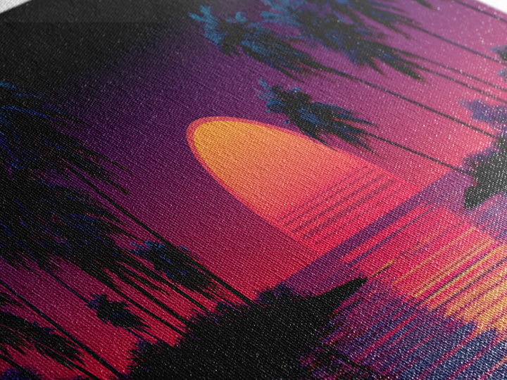 Neon Tropical Sunset Canvas Print, Retro Palm Tree Wall Art, Vaporwave Beach Decor, Coastal Summer Living Room Art, Large Poster