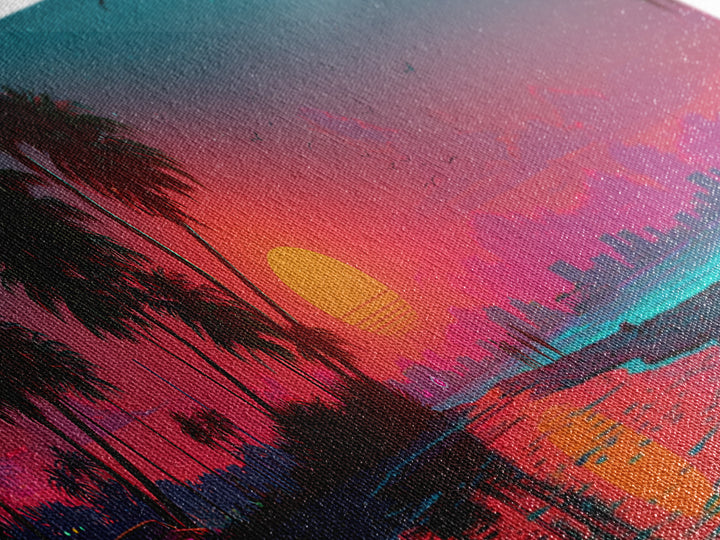 Neon Tropical City Beach Sunset Wall Art, Synthwave Ocean Skyline, Retro Futuristic Large Horizontal Coastal Living Room Decor