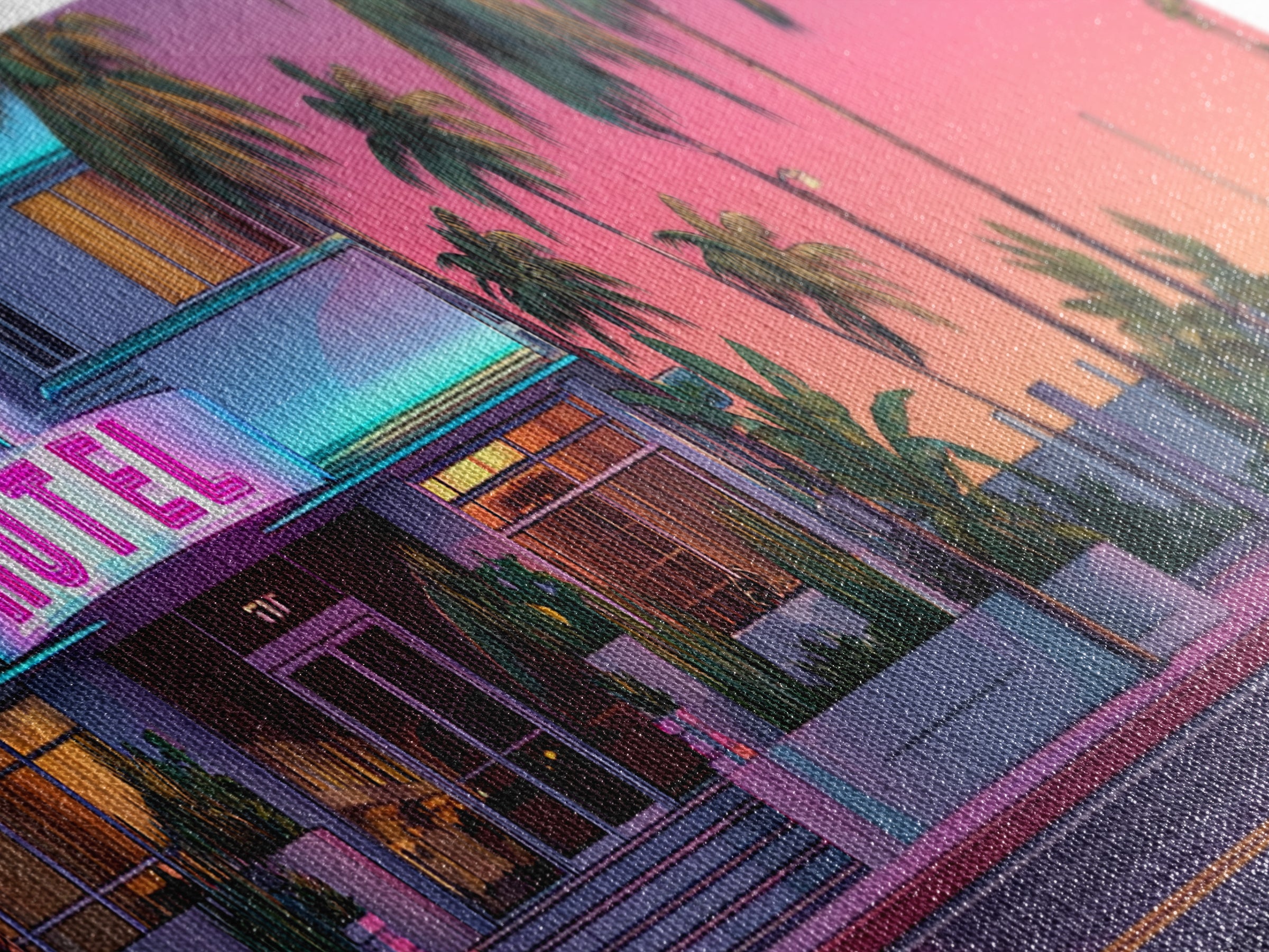Neon Pink Hotel Facade Wall Art, Retro Miami Palm Canvas Print, Tropical Travel Poster Decor, Coastal Motel Room Print Home Decor Gift
