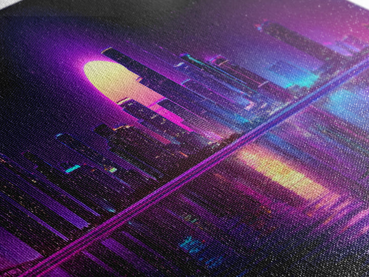 Neon City Skyline Moonrise Canvas Print, Purple Cyberpunk Wall Art, Miami Nightscape, Vaporwave Living Room Modern Home Decor