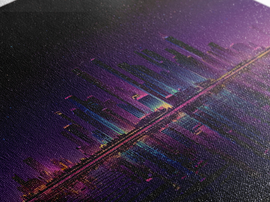 Starry Purple City Skyline Canvas Print, Panoramic Urban Night Wall Art, Modern Office Decor, Large Cityscape Poster Print