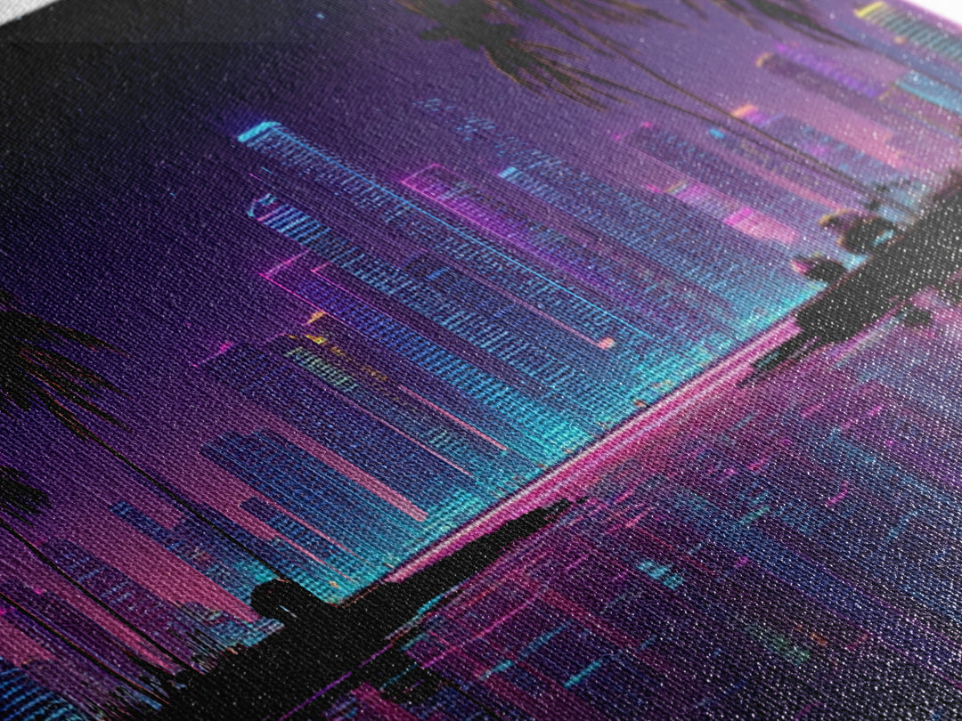 Neon Tropical City Skyline Canvas Print, Cyberpunk Wall Art With Palm Trees, Vaporwave Decor For Gaming Room And Apartment Decor