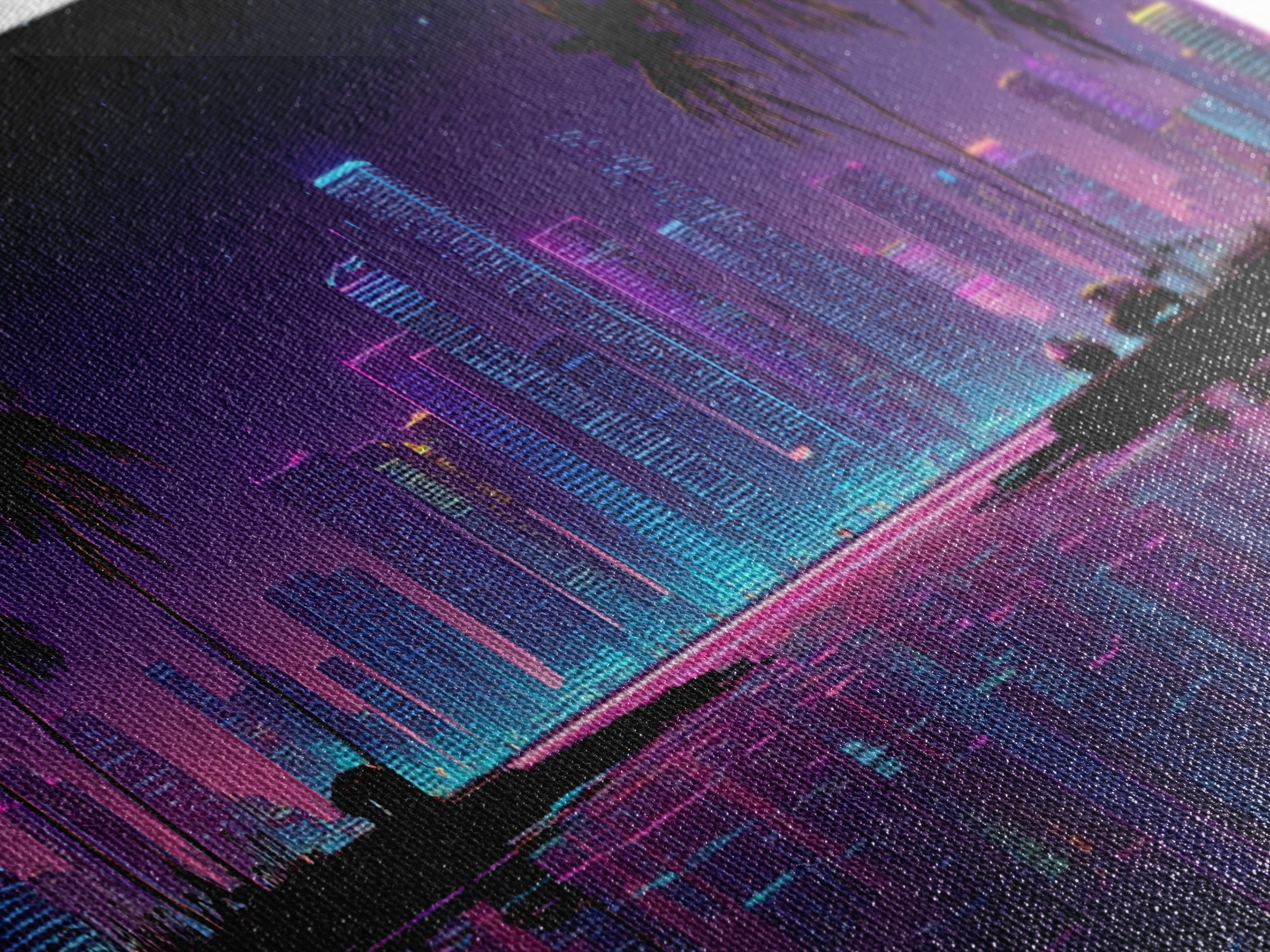 Neon Tropical City Skyline Canvas Print, Cyberpunk Wall Art With Palm Trees, Vaporwave Decor For Gaming Room And Apartment Decor