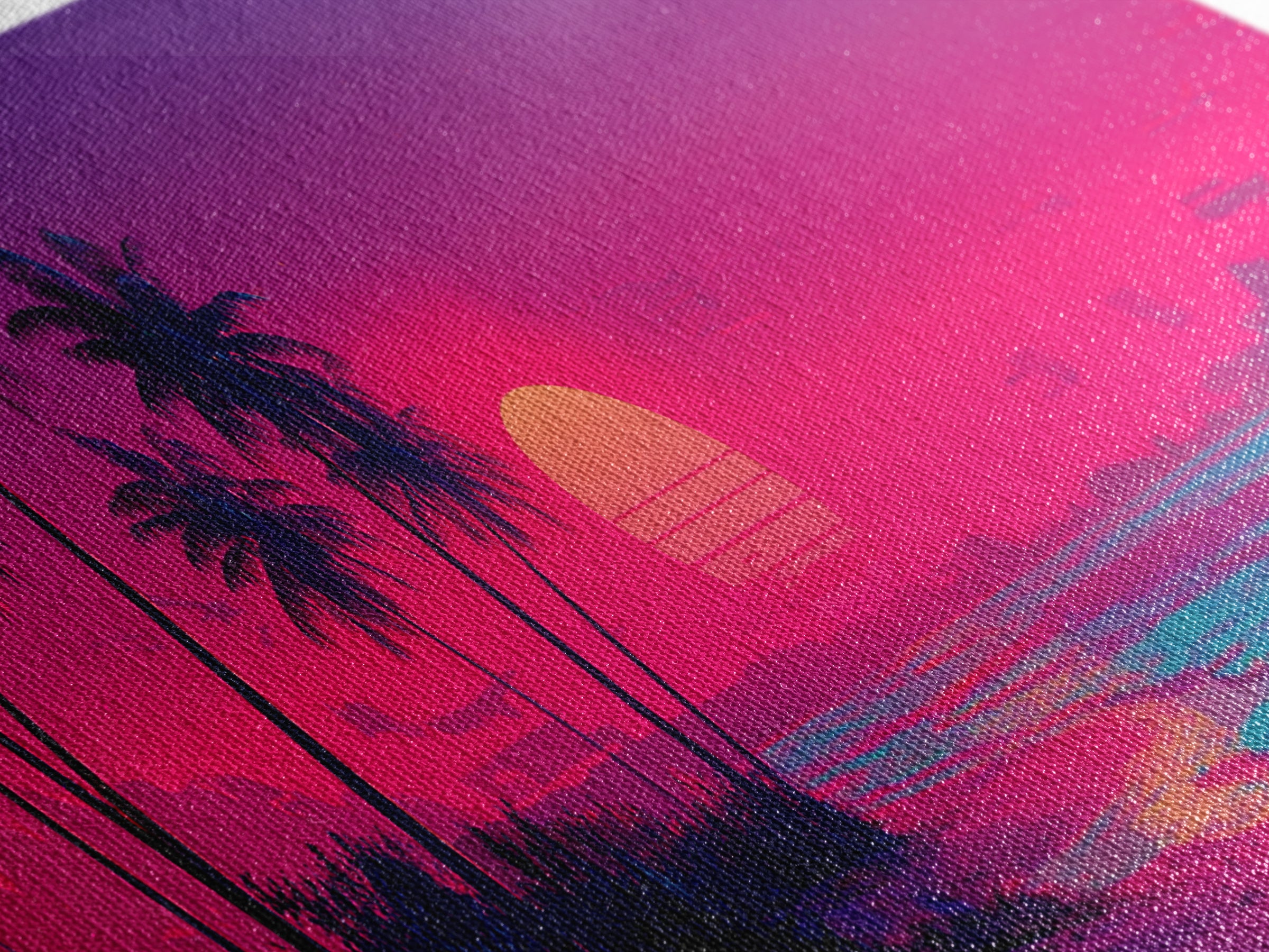 Tropical Palm Beach Sunset Wall Art, Neon Coastal Canvas Print, Pink Ocean Decor, Retro Island Housewarming Gift For Her