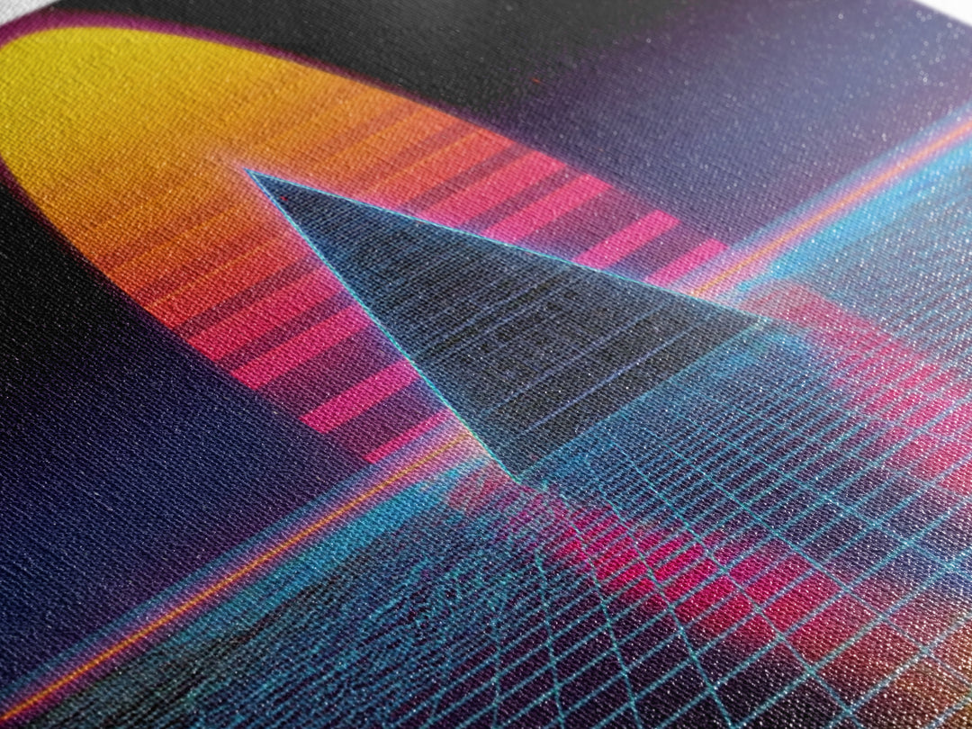 Neon Pyramid Grid Wall Art, Retro Futuristic Space Canvas Print, Synthwave Gaming Room Decor, Vaporwave Statement Art Gift