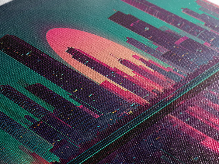 Neon City Skyline Reflection Canvas Print, Retro Futuristic Wall Art, Cyberpunk Office Decor, Modern Apartment Decor, Gift For Him