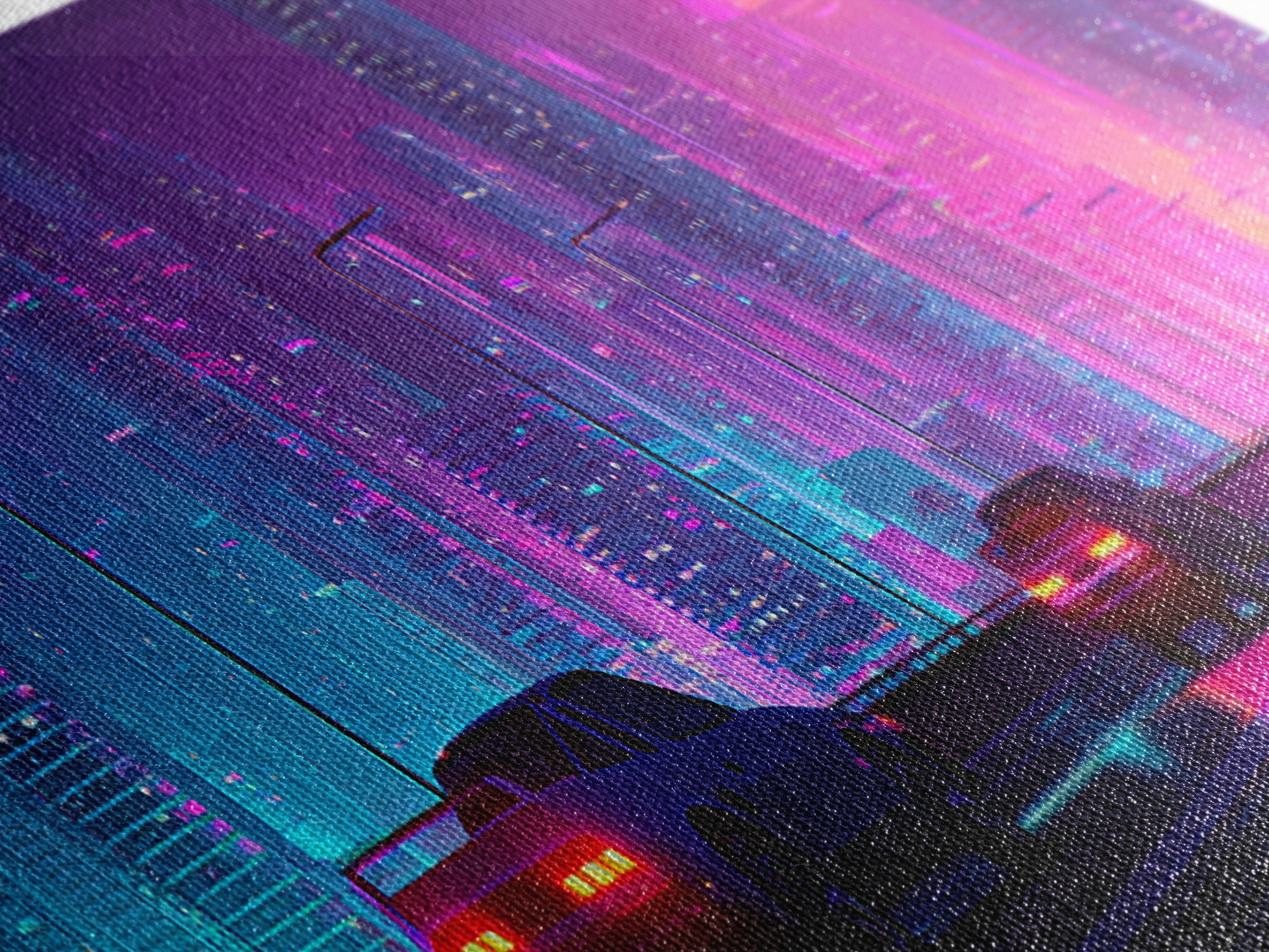 Cyberpunk Neon City Highway Canvas Print, Futuristic Car Wall Art, Synthwave Gaming Room Decor For Office And Man Cave Wall Decor