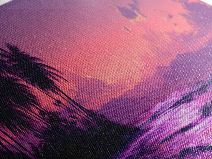 Tropical Purple Beach Sunset Wall Art, Palm Tree Ocean Landscape Canvas Print, Coastal Decor, Romantic Bedroom And Living Room Art