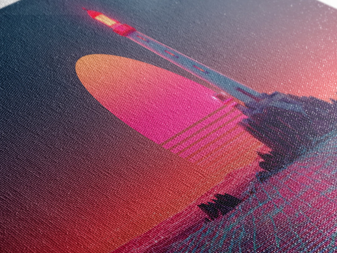 Neon Lighthouse Sunset Over Ocean, Synthwave Coastal Wall Art, Retro Futuristic Canvas Print, Large Beach House Decor, Wall Decor