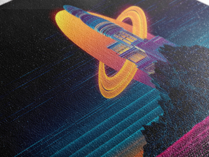 Retro Futuristic Observatory On Ringed Planet Canvas Print, Sci Fi Wall Art, Space Decor, Vaporwave Poster For Game Room