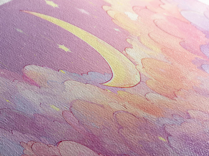 Cute Crescent Moon In Pastel Clouds Wall Art, Whimsical Celestial Nursery Decor, Pink Kids Room Canvas Print, Baby Shower Gift
