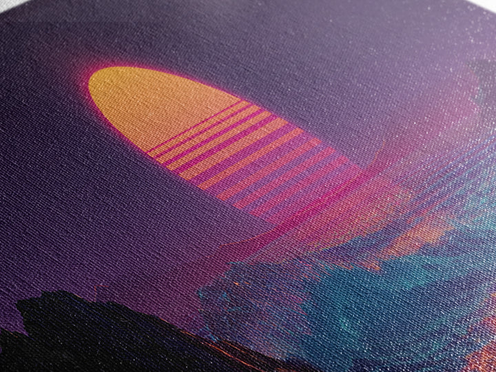Neon Synthwave Sunset Over Alien Ocean Canvas Print, Retro Futuristic Wall Art, Vaporwave Coastal Bedroom Living Room Decor