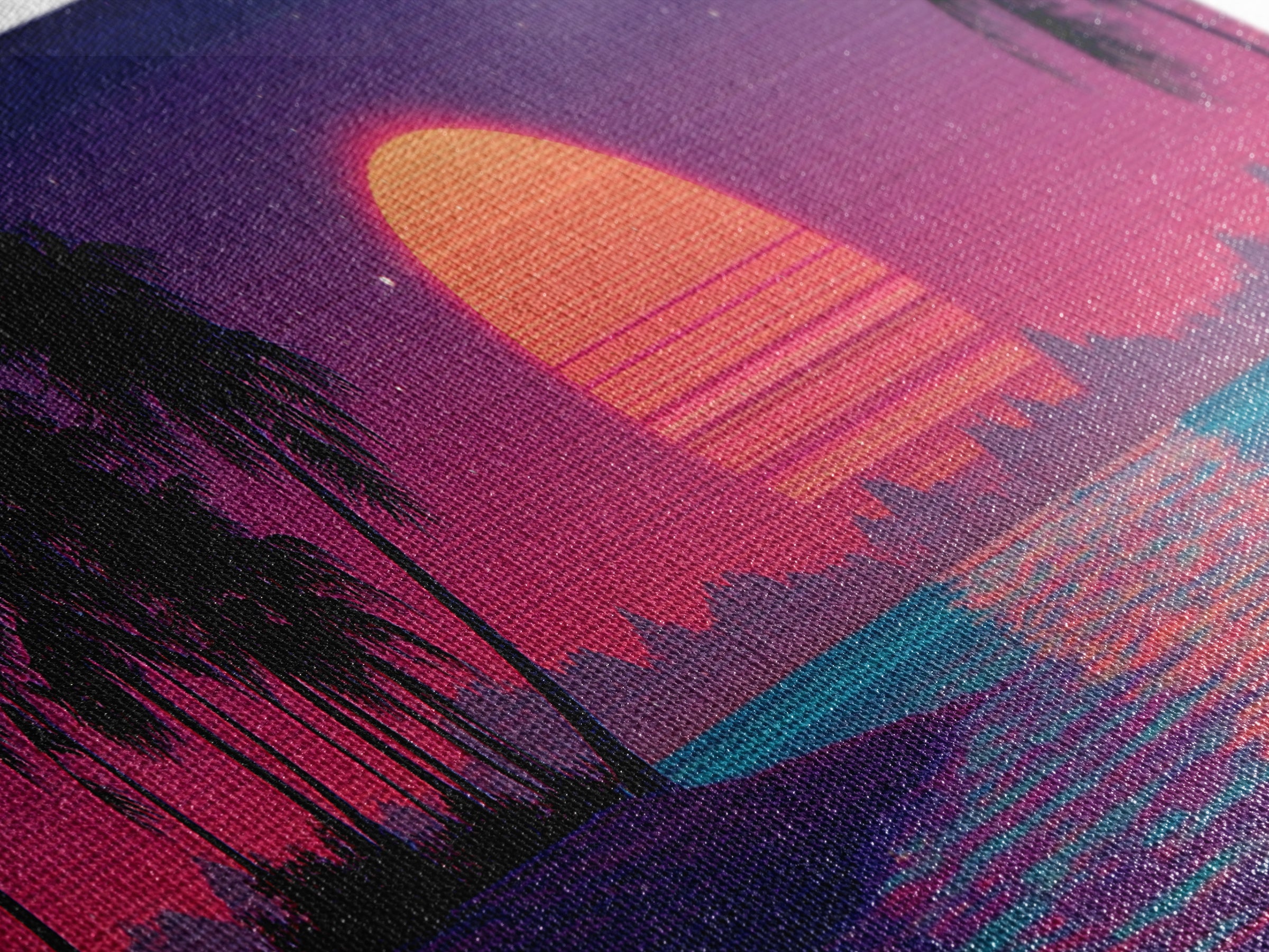 Neon Tropical Sunset With Palm Trees Wall Art, Retro Coastal Canvas Print, Beach House Decor, Large Panoramic Artwork For Living Room Decor
