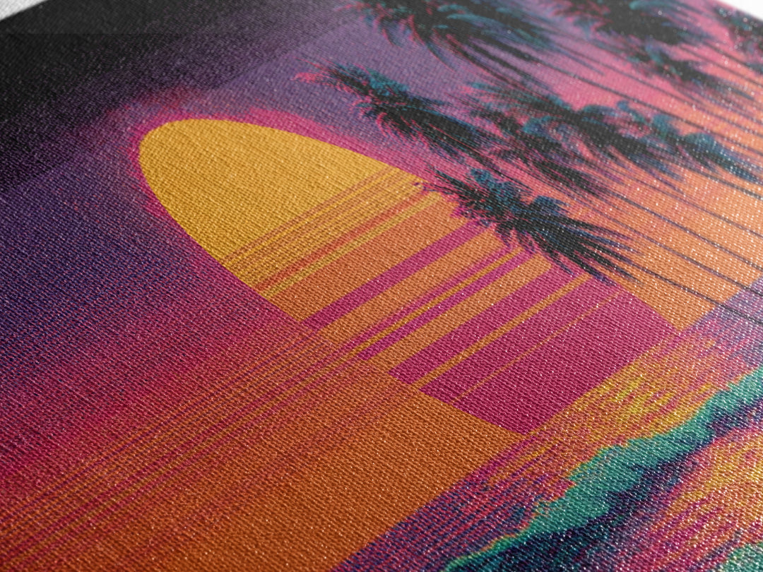 Vaporwave Palm Beach Sunset Wall Art, Retro Tropical Ocean Print, Neon Coastal Decor, Long Horizontal Canvas Print Poster
