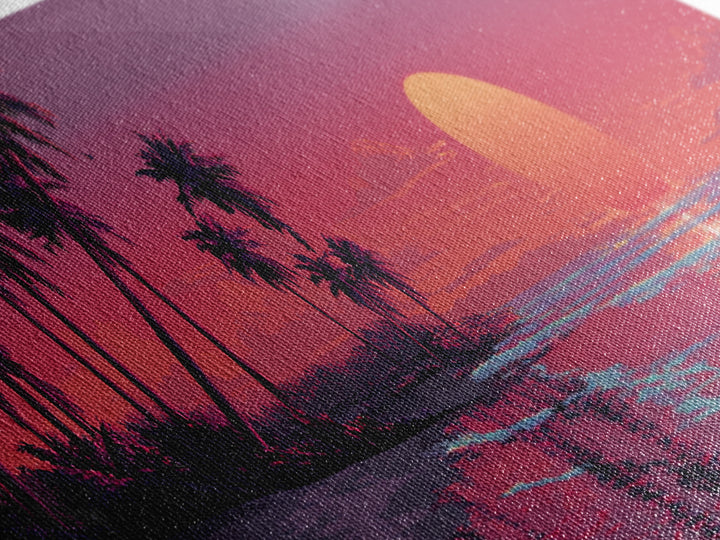 Tropical Palm Beach Sunset Wall Art, Pink Ocean Landscape, Coastal Canvas Decor, Large Horizontal Beach House Living Room Print